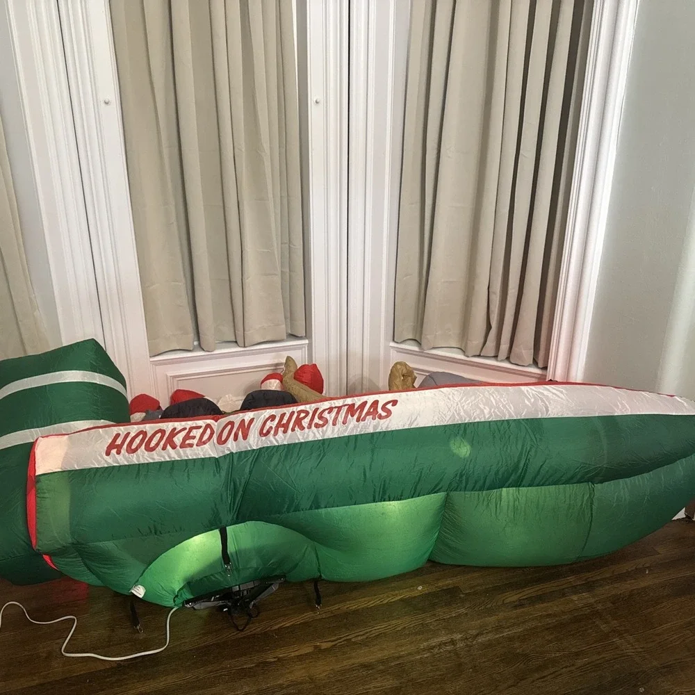 INFLATABLE Christmas SANTA Claus‎ FISHERMAN BOAT HOOKED ON CHRISTMAS LIGHTED 8ft